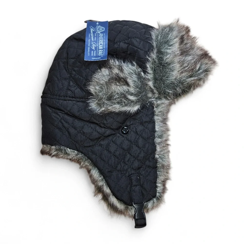 American Rag Trapper Hat Black Quilted Faux Fur Lined Winter Ear Flaps One Size